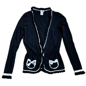 Vintage Cache Black White Lightweight Cardigan  Top Small Ruffle Trim Retro Twee